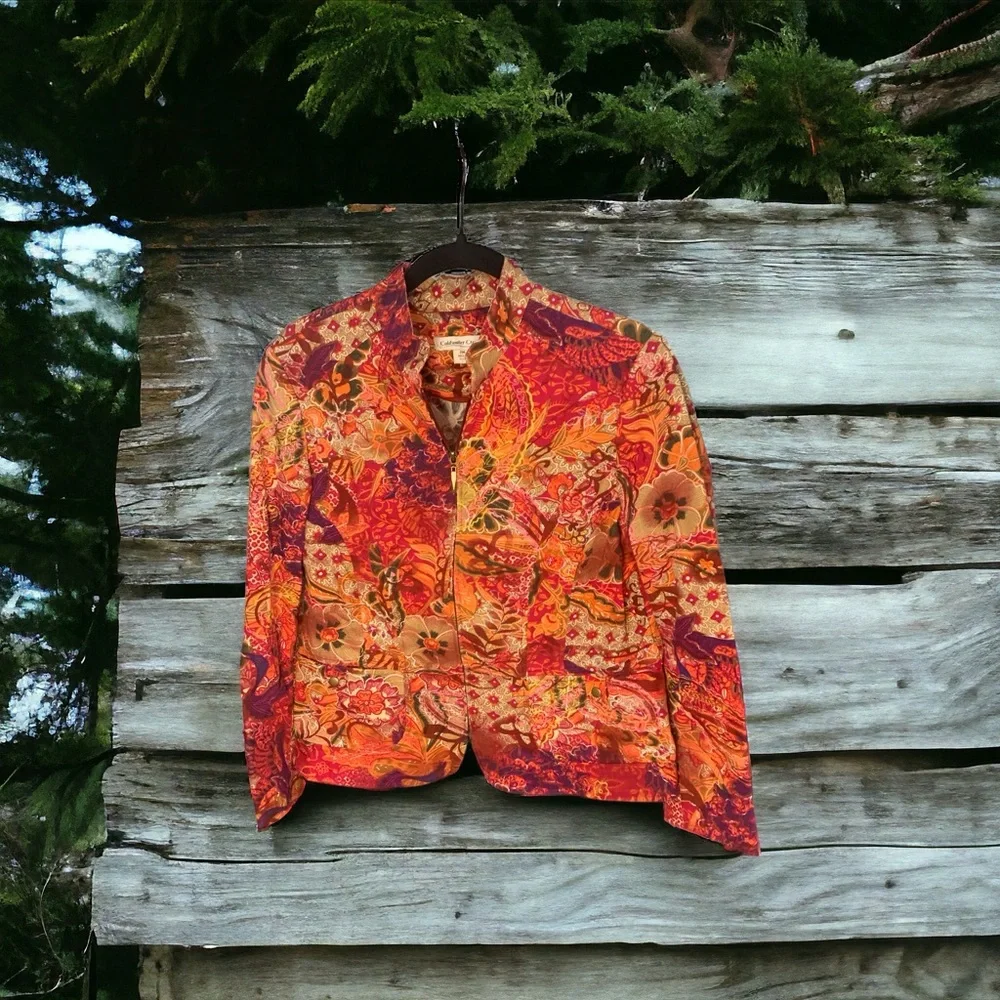 Coldwater Creek Orange Floral Zipper Jacket - Picture 1 of 3